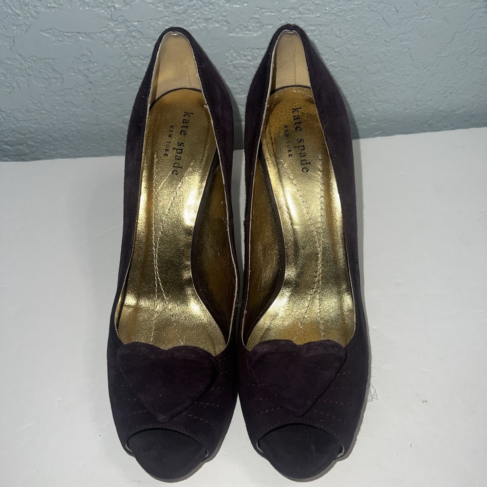 Kate Spade Women's Purple Suede Peep Toe High Heels with Heart Accent-Size 7.5
